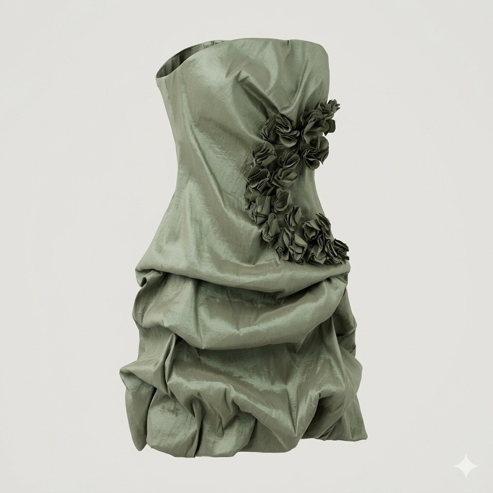 Romeo & Juliet Couture Sage Green Strapless Rosette Bubble Hem Mini Dress L Y2K